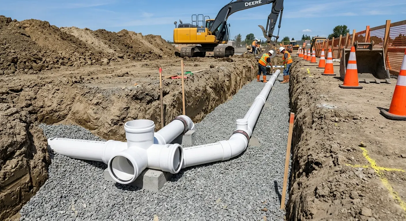 New PVC sewer pipe installation in open trench for Sewer Backup in Denville