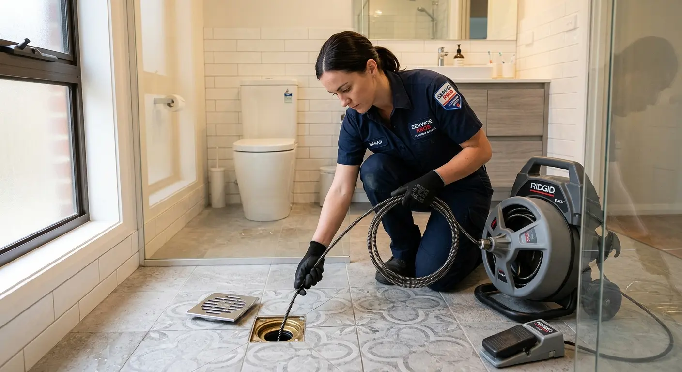 Technician clearing a bathroom floor drain for Sewer Line Installation in Denville